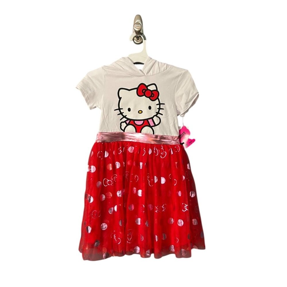 NWT Girls' M Hello Kitty Hooded Cosplay Short Sleeve Tutu Dress - Red/White